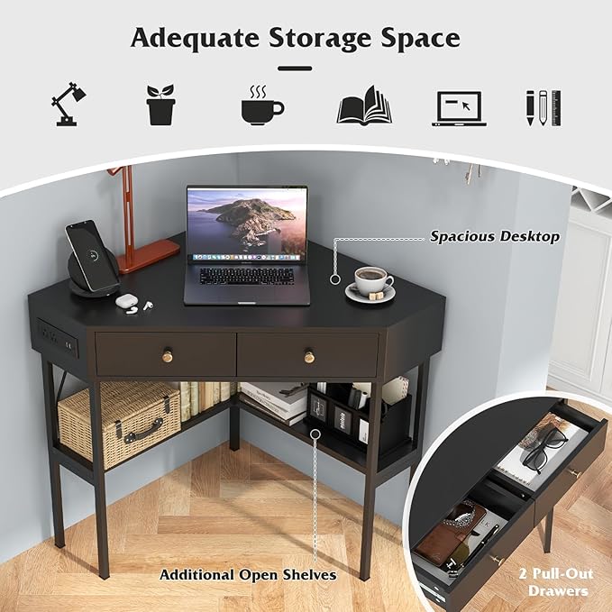 Tangkula Corner Desk with 2 Drawers &amp Built-in Charging Station 90 Degrees Triangle Computer Desk for Small Space Bedroom Makeup Vanity Desk with Storage Shelves Corner Writing Desk
