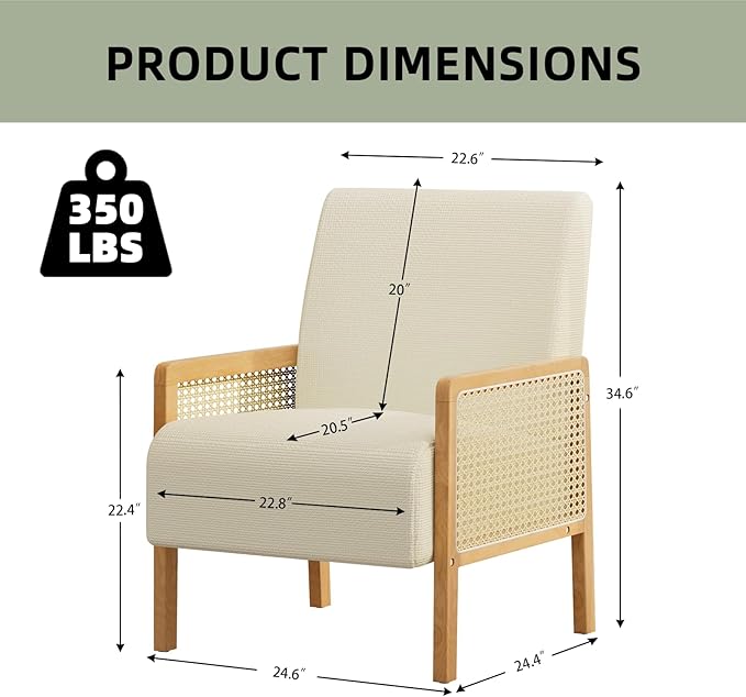 Rattan Accent Chair with Rattan Arms Mid Century Modern Chair for Living Room Linen Upholstered Comfy Chair for Bedroom Reading Room Home Office Beige