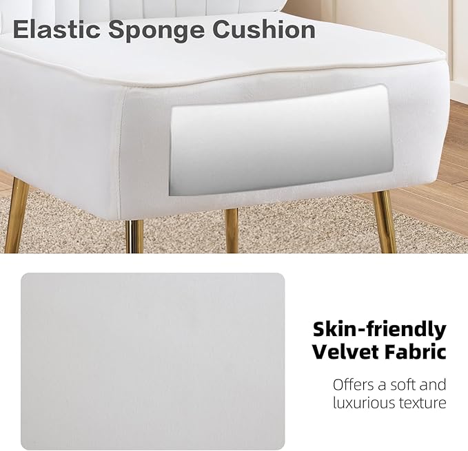 Modern Velvet Accent Chair Set of 3 Upholstered Armless Wingback Side Chair with Golden Legs Comfy Single Sofa Cute Slipper Corner Chair for Living Room Bedroom Entryway White