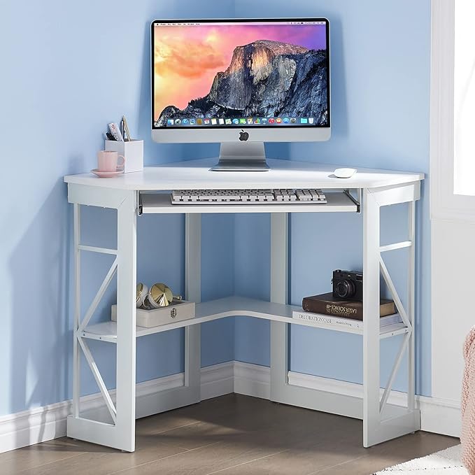 VECELO Corner Desk Computer Desk Writing Table with Smooth Keyboard Tray &amp Storage ShelvesCompact Home Office Triangle TableWhite