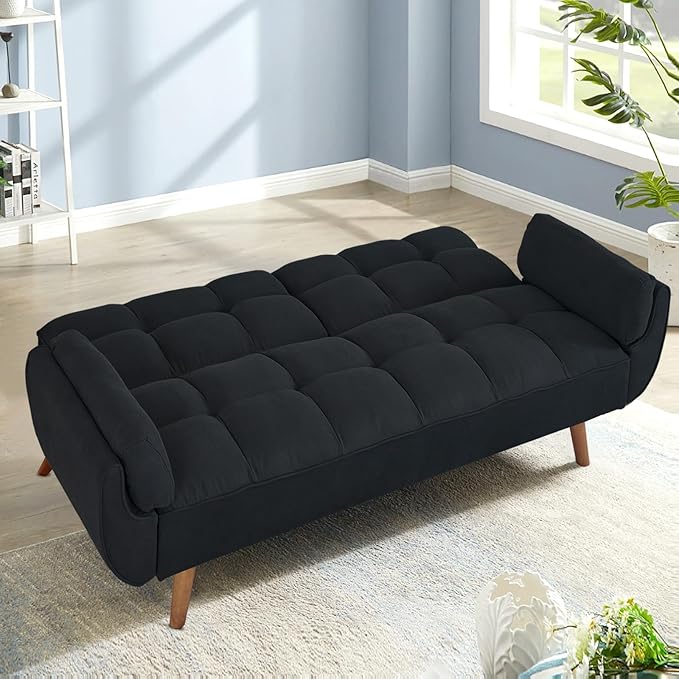 Convertible Futon Couch Bed Sleeper Sofa Bed with Adjustable Backrests Linen Loveseat Sofa 3 Seater Comfy Couch for Small Spaces Living Room Bedroom(Black 75)