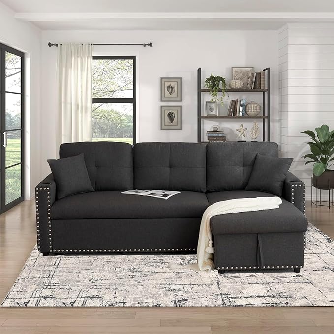 asunflower Small Sleeper Sofa with Pull Out Couch 83 Convertible Sofa Bed with Storage L-Shaped Sectional Sleeper with Cup Holders 3-Seater Couch Bed for Small Spaces Bedroom Offices Dark Grey