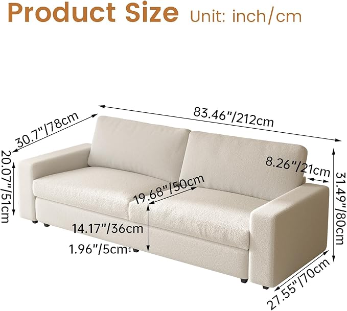 83.46 Extra Comfy 2-Seater Cloud Couch Modern Loveseat Sofa for Living Room &amp Bedroom Small Sofa with Teddy Fleece 330LBS Capacity Cream White