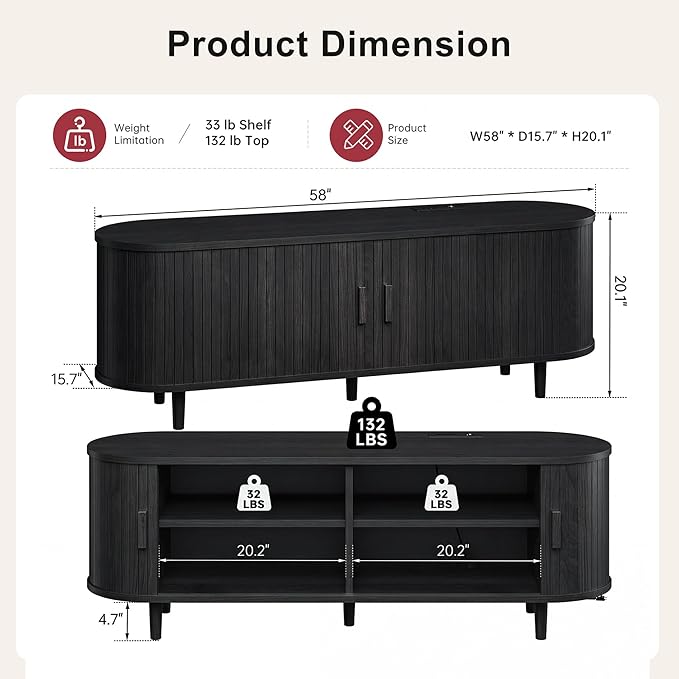 58 Mid Century Modern TV Stand Wood TV Consoles with Sliding Doors and Power Outlet Fluted Entertainment Center with Adjustable Shelves Media Console for Living Room Black