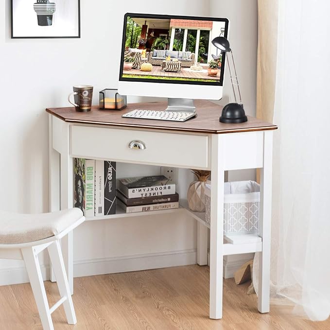 Tangkula Corner Desk Corner Computer Desk with Drawer for Small Space Small Corner Makeup Vanity Desk 90 Degrees Triangle Corner Desk with Storage Shelves (Natural &amp White)