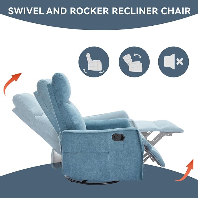 Heat Massage Manual Recliner Chair with Rocker and Swivel in Fabric for Living Room Blue