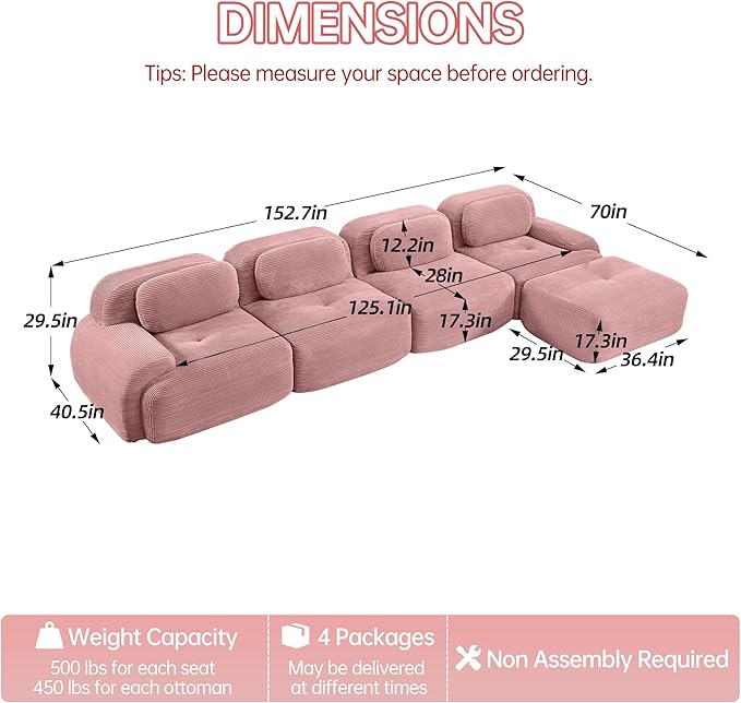 Cloud Sectional Couch Boneless L Shaped Couch 152.7'' Modular Sectional Sofa with Ottoman Modular Cloud Sofa 4 Seater Corduroy Deep Seat Couches for Living Room No Assembly Couches Pink
