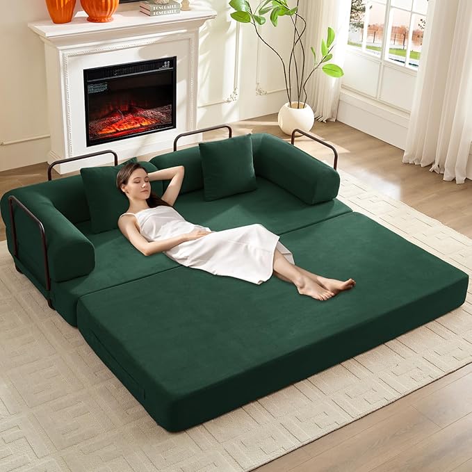 Mjkone 78.7 W Convertible Folding Mattress Couch with Armrest Corduroy Floor Sofa Bed with Metal Fixed-Shape Frame 5-in-1 DIY Futon Lazy Sofa Cama Lounge Couch for Living Room Bedroom Studio Green