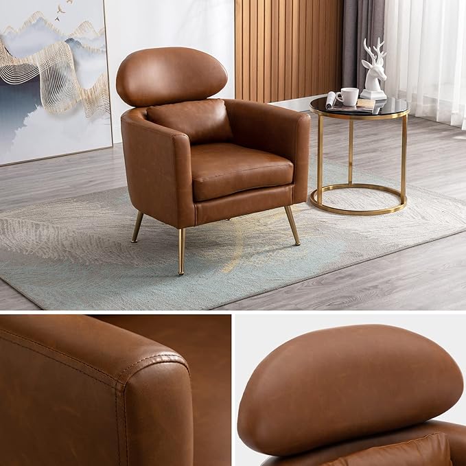 Accent Chair Upholstered Barrel Arm Chair for Living Room Bedroom Reception Room Office Modern Soft Padded Single Sofa Chair with Golden Legs &amp Lumbar Pillow PU Brown