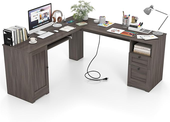 Tangkula 66” x 66” L-Shaped Office Desk with Power Outlets Modern Home Office Computer Desk with 2 Drawers Cabinet Adjustable Shelf &amp Keyboard Tray Corner Executive Desk for Working Writing