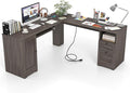 Tangkula 66” x 66” L-Shaped Office Desk with Power Outlets Modern Home Office Computer Desk with 2 Drawers Cabinet Adjustable Shelf &amp Keyboard Tray Corner Executive Desk for Working Writing