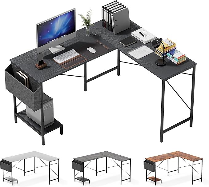 L Shaped Desk - 50 Reversible Home Office Computer Desk Wood Top Metal Frame Side Bag Sturdy Gaming Desk Corner Table for Work Writing and Study Space-Saving