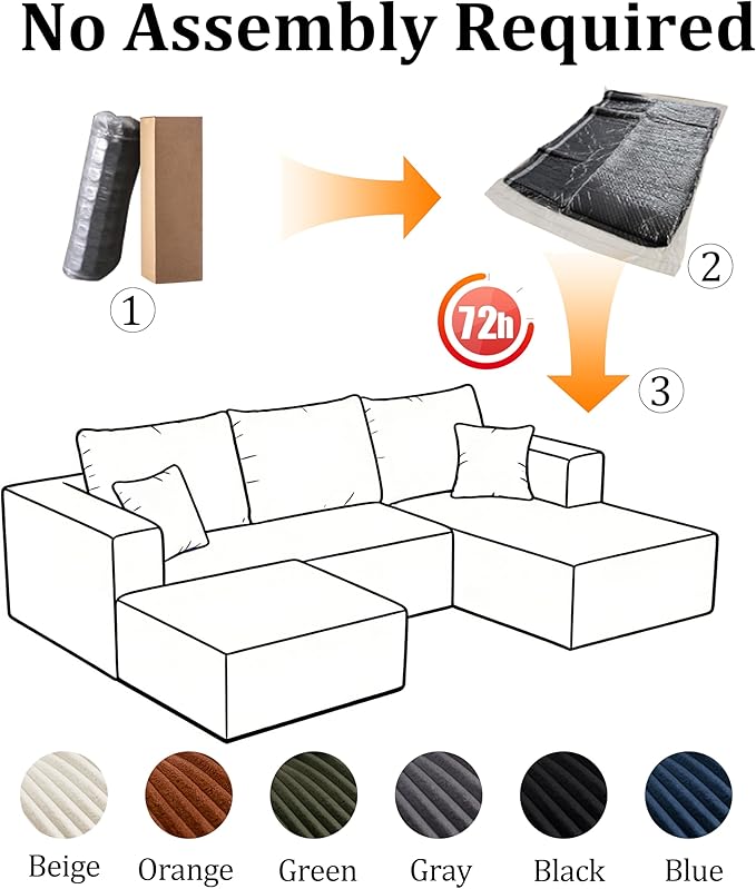 108'' U-Shaped Cloud Modular Sectional Sofa Modern High Back Corduroy Couch with Right Facing Chaise Lounge &amp Ottoman Upholstered Boneless Deep Seat Plush Sofa No Assembly Needed for Home Bei