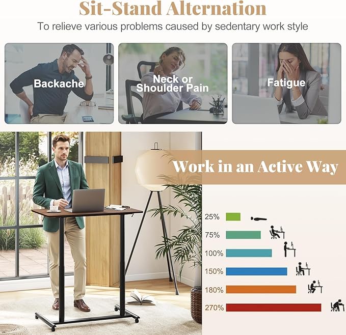 Giantex Mobile Standing Desk Height Adjustable Computer Desk with Wheels &amp Aluminum Frame C Shaped Sofa Side Table Portable Laptop PC Workstation Compact Rolling Desk for Small Space (Brown)