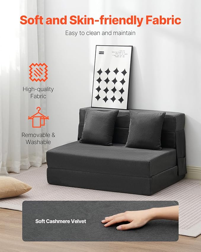 VEVOR Folding Sofa Bed 3-in-1 Foldable Couch Bed with 2 Pillows and Washable Cover 25D High Density Memory Foam Convertible Sleeper Chair Bed Futon Couch for Living Room Bedroom Dark Grey(Twin)
