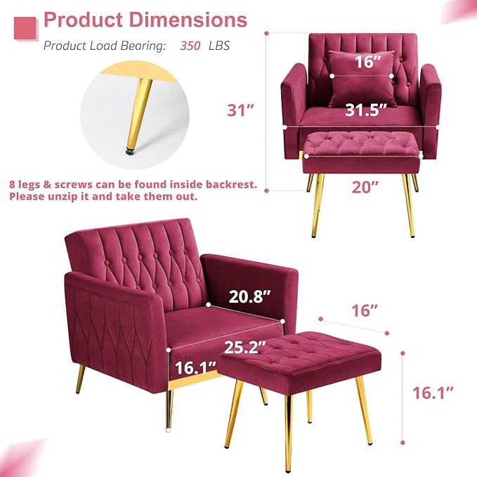 Velvet Accent Chair with Adjustable Armrests and Backrest Button Tufted Lounge Chair Single Recliner Armchair with Ottoman and Pillow for Living Room Bedroom Fuchsia