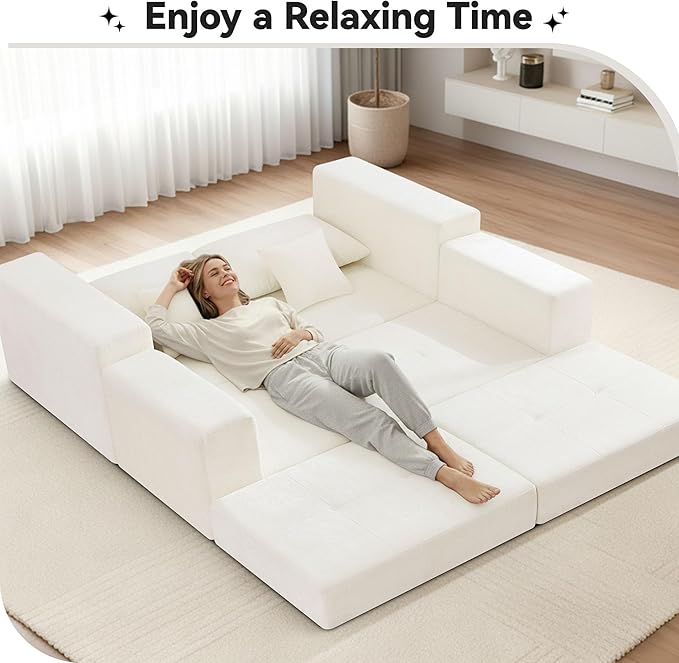 Boneless Sectional Loveseat Couch with Ottoman Convertible Tufted Button Modular Floor Sleeper Sofa Bed Comfy Foldable Compression Love Seat Sofa for Living Room No Assembly Beige
