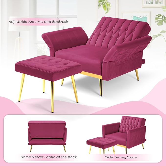 Velvet Accent Chair with Adjustable Backrest and Armrests Single Recliner Armchair with Ottoman and Golden Mental Legs for Living Room Bedroom and Waiting Room Fuchsia
