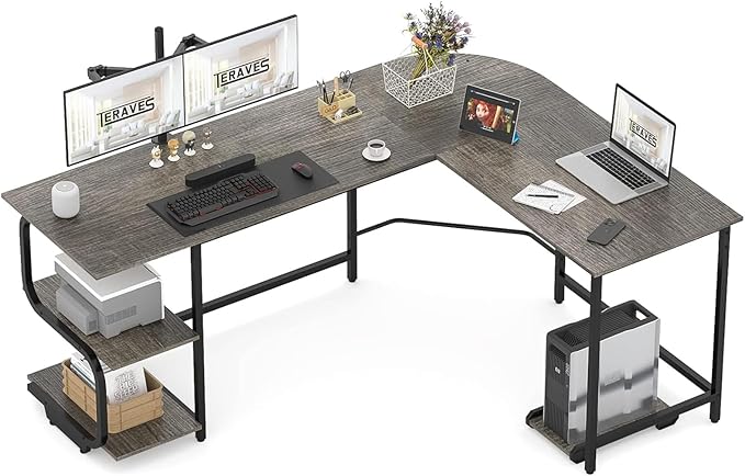 Teraves Reversible L Shaped Desk with Large Surface 69 Inch Sturdy Corner Desk with Storage Shelves Premium Office Computer Desk Workstation for Home Office Gaming