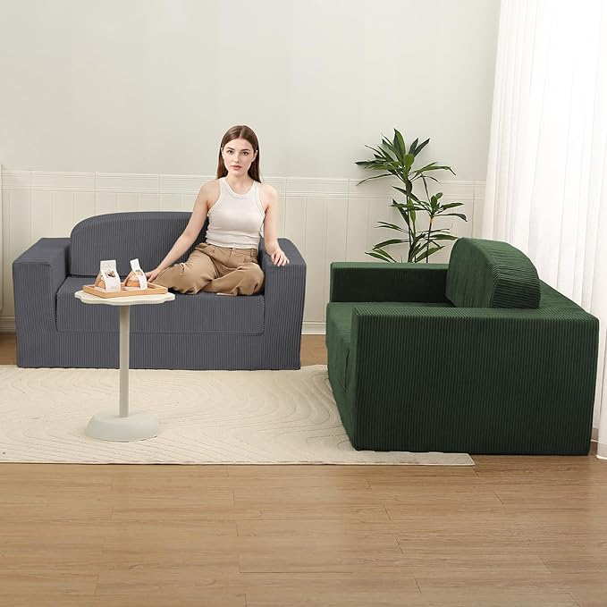 MeMoreCool Green Corduroy Fold-Out Loveseat Sofa Bed – Boneless Convertible Floor Couch with Foam Compact Sleeper Futon with Washable Cover No Assembly Required for Small Spaces &amp Bedroom