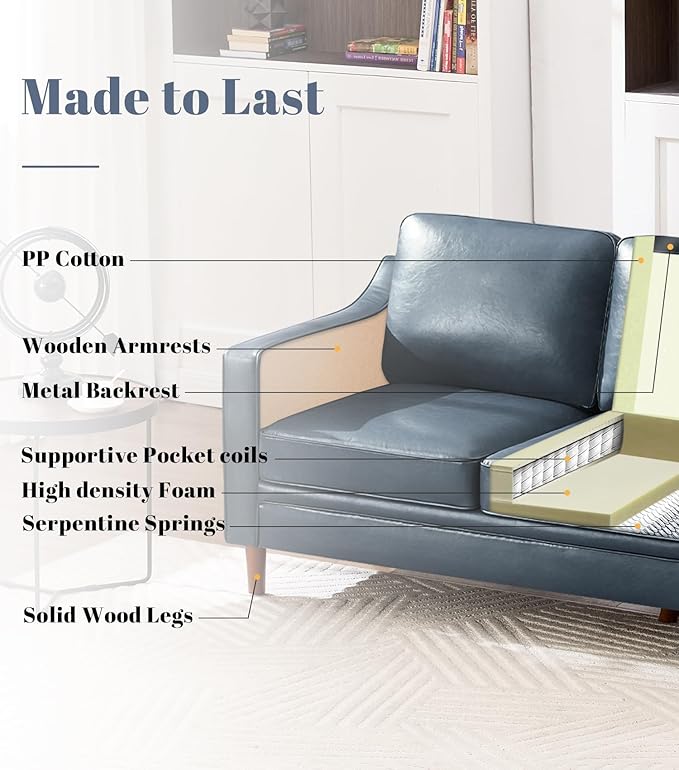 Kingfun Living Room Furniture Sets 3 Seater Couch and Loveseat Mid Century Modern Sofa Set Faux Leather Couch with Solid Wood Frame for Living Room &amp Bedroom Blue