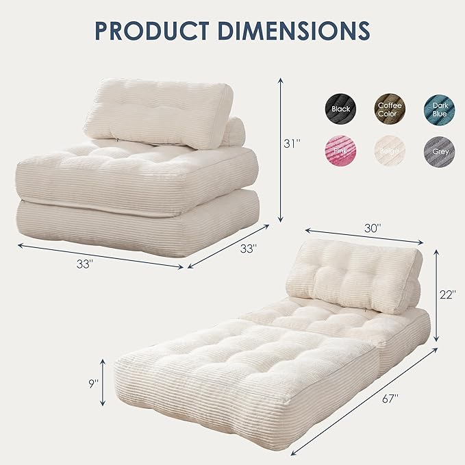 Folding Sofa BedConvertible Sleeper Chair for Adults Folding Sofa Bed Foam Filling Couch with PillowSleeper Chairs Single Size Floor MattressWhite
