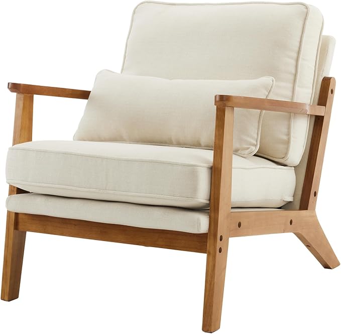Mid Century Modern Accent Chair with Wood Frame Upholstered Living Room Chairs with Waist Cushion Reading Armchair for Bedroom Sunroom (Beige)