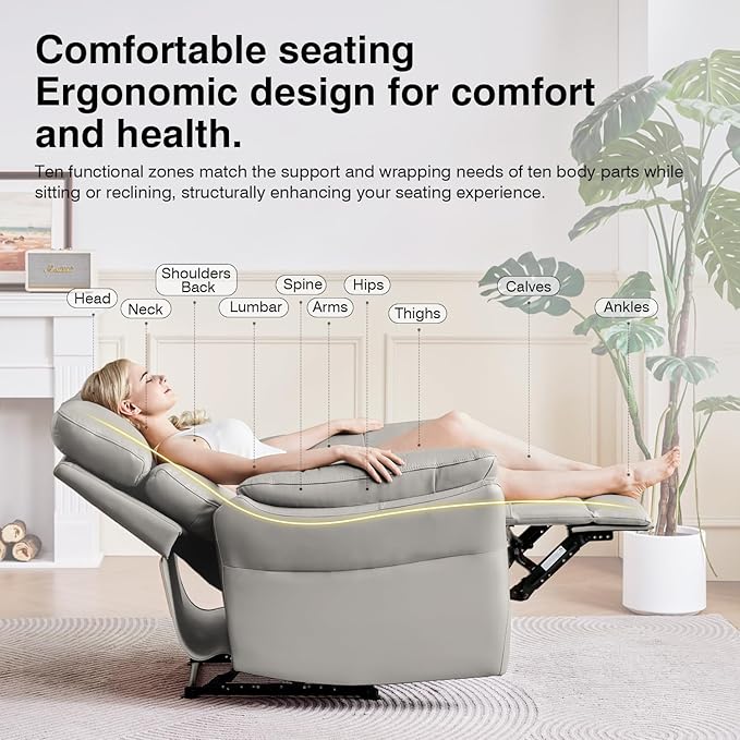 AIRSKY Genuine Leather Recliner Chair Top Grain Leather Italian Water-Washing Process Living Room Chair with Lumbar Supportfor Theater Seating Bedroom GreyR1
