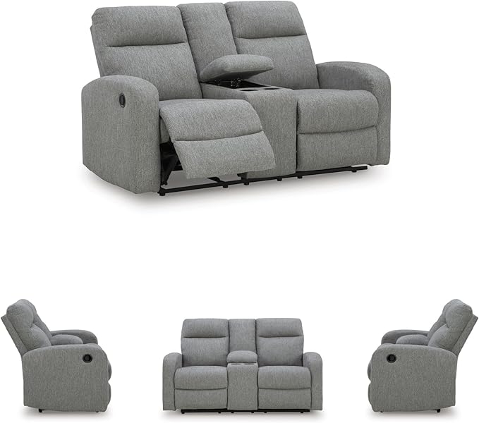 Signature Design by Ashley Carrigan Lane Classic Manual Pull Tab Dual Sided Reclining Loveseat with Console and Storage Gray