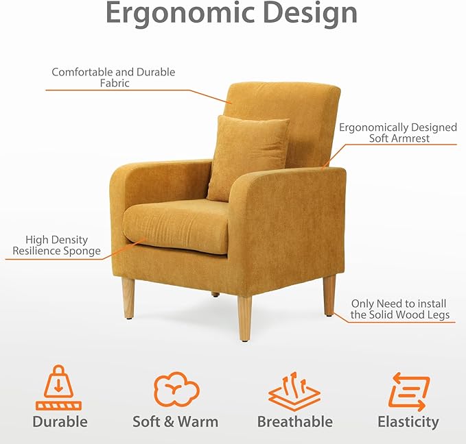 Upholstered Sofa Chair with Pillow Fabric Accent Armchair with Wooden Legs Comfy Lounge Chair for Living Room Bedroom or Office Supports up to 300 lbs (Yellow)