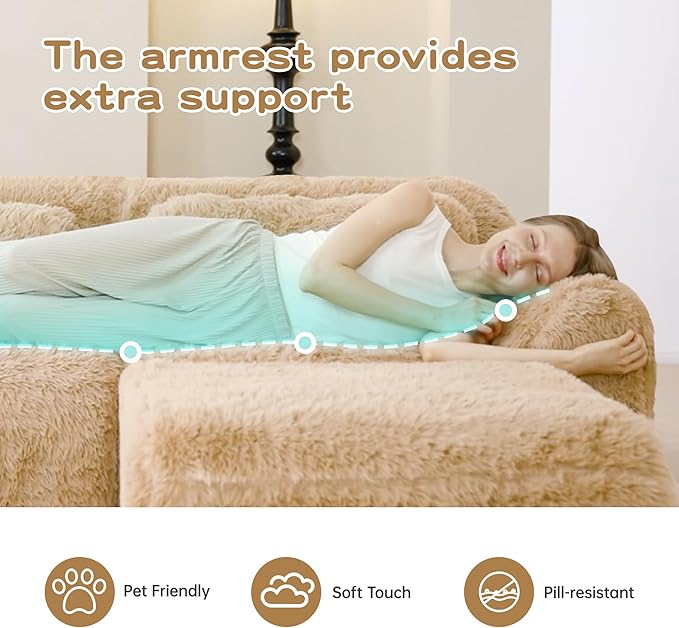 80.4”Boneless Cloud Couches Soft Fluffy Plush Fabric Modular Sectional Sofa Bed with 2 Ottoman Loveseat Light Khaki Couches No Assembly Required Comfy Sofa for Living Room