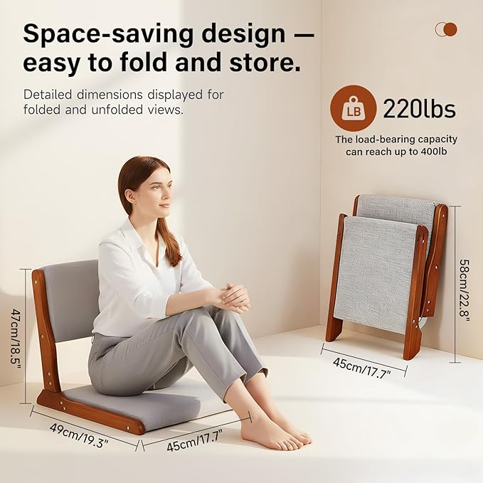 Tiita Floor Chair with Back Support Foldable Meditation Tatami Chairs Backrest Chair with Cushion Living Room Chair Seat 2 Pack Walnut Grey
