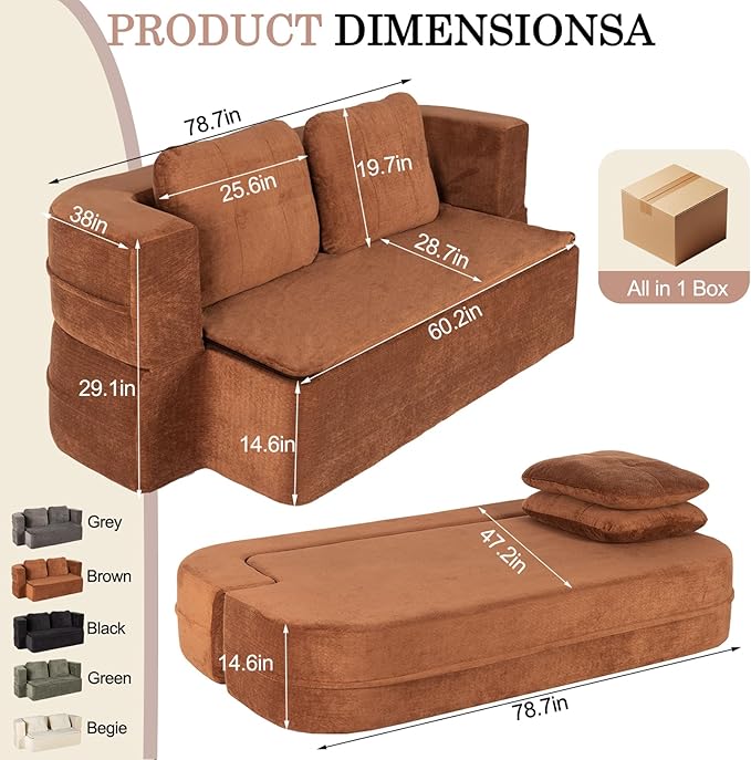 Folding Sofa Bed 78.7 Extra-Long Convertible Sofa Bed with 2 Pillows &amp Blanket 14.6 Thick High-Density Foam Boneless Couch for Bedroom Living Room Apartment Brown