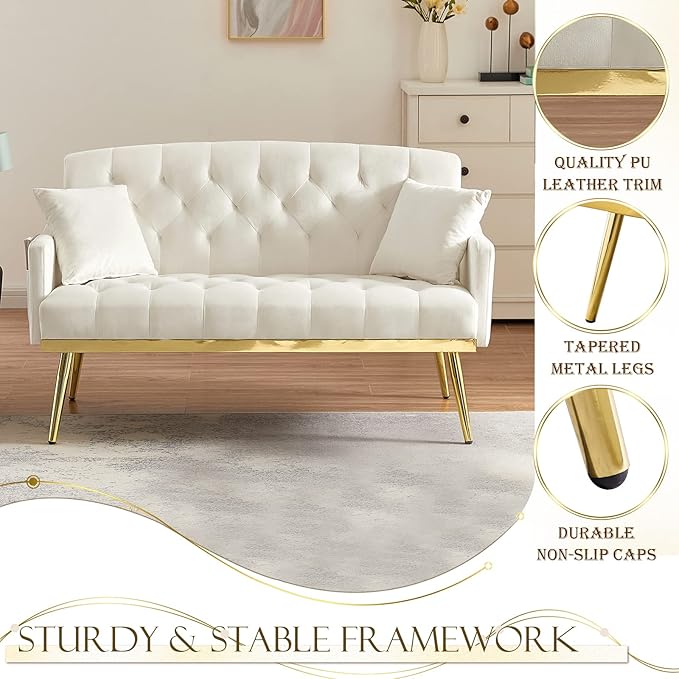 Antetek Upholstered Velvet Loveseat Sofa Modern Small Couch with Side Pocket and Golden Metal Legs Tufted Leisure Sofa for Living Room Bedroom Office Small Space Light Beige