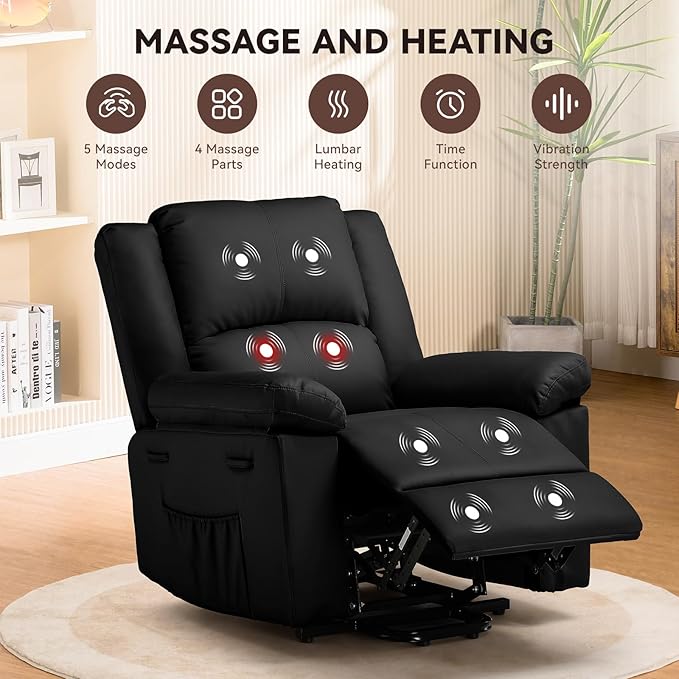 COMHOMA Power Lift Recliner for Elderly Lift Chair with Heat and MassagePU Recliner Sofa with 2 Side Pockets and Infinite Position for Living Room Black