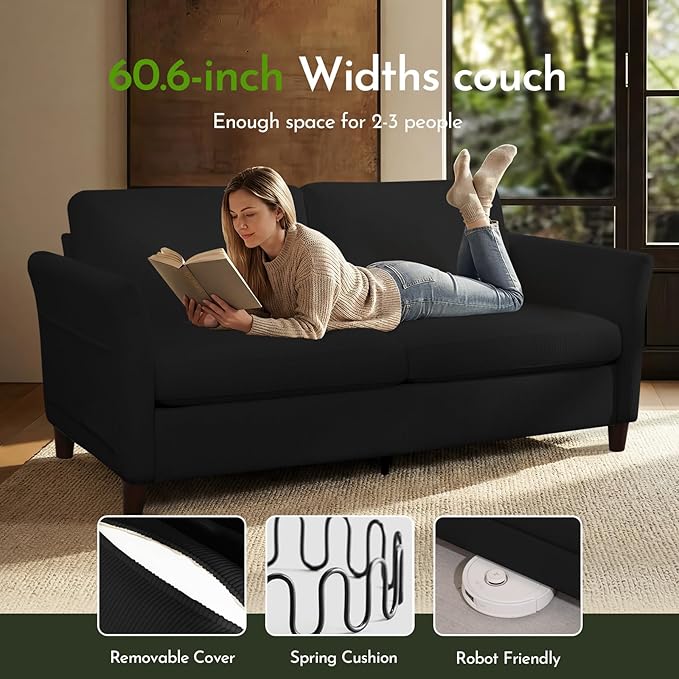 79.1 Corduroy Loveseat Sofa Modern Comfy Couches with Side Pocket 3-Seater Sofa Couch for Living Room Bedroom and Small SpacesBlack