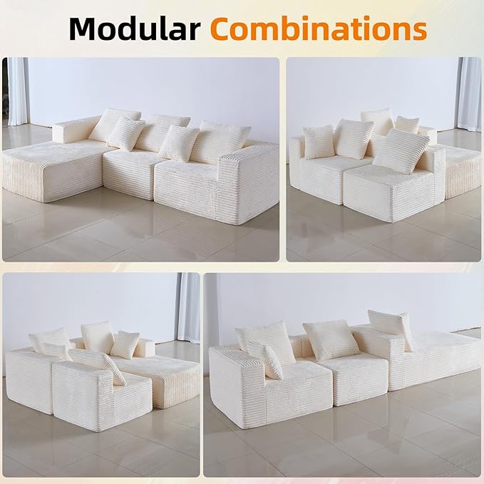 Modern Corduroy Sectional Sofa with Chaise Black Ribbed Fabric L-Shaped Living Room Couch (Beige Left Facing Chaise)