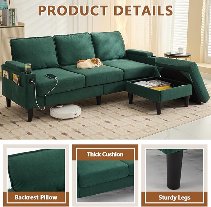 (New) 3 Seater Couch with Ottoman Grey Couch with Removable Pillows Chenille Sofas with USB Cup Holders Side Pockets L Shaped Sofa for Living Room Apartment (Green)