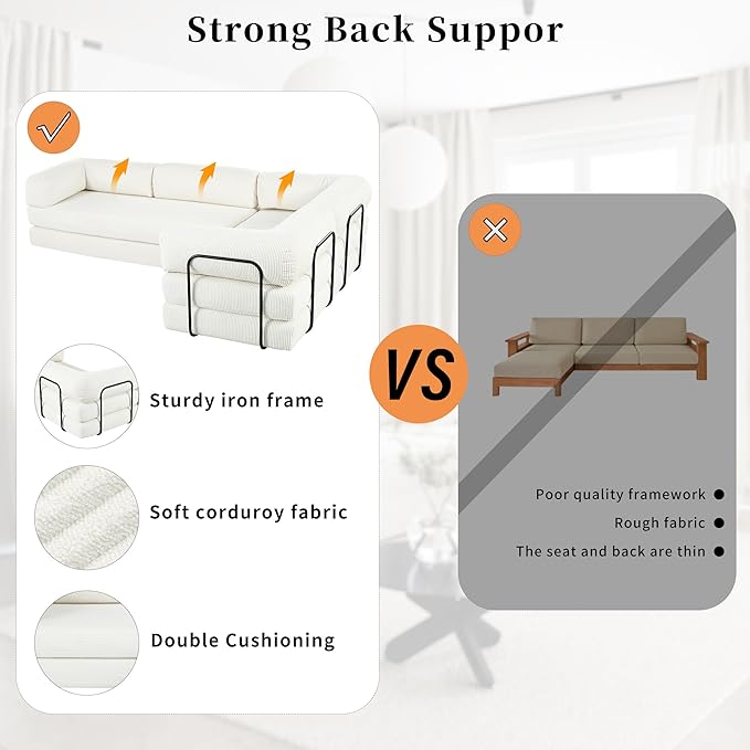 115''W Modular Sofa Bed in Corduroy Fabric L Shaped Sectional Couches Modern Upholstered Couches with Iron Frame Support 4 Independent Mattresses 3 Wedge Cushions and 1 Flat Cushion (Beige/22)