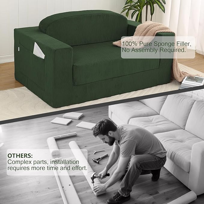 MeMoreCool Green Corduroy Fold-Out Loveseat Sofa Bed – Boneless Convertible Floor Couch with Foam Compact Sleeper Futon with Washable Cover No Assembly Required for Small Spaces &amp Bedroom
