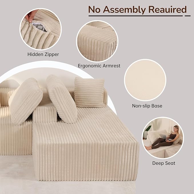 Boneless CouchCloud-Like Softness &amp Supportive FirmnessSectional Couches for Living RoomCloud Couch with No Assembly &amp Removable Washable CoversBeige