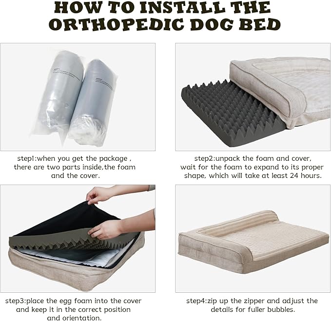 WINDRACING Orthopedic Dog Beds for Large Dogs Waterproof Egg Foam Dog Sofa Bed with L Bolster Sides Washable XLarge Pet Bed with Removable Cover &amp Non-Slip Bottom 40 x 28 inch Beige