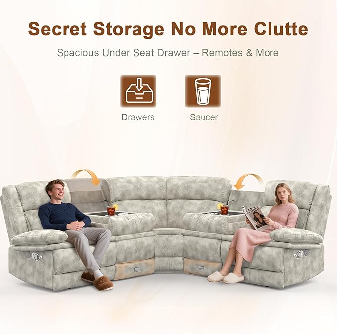 Home Theater Seating Reclining Sectional Sofa Reclining Couch with 4 USB 2 Flip-Up Middle Backrest &amp Drawers Wall Hugger RV Recliners 145° Adjustable Recline &amp Cup Holders for RV &amp Mov