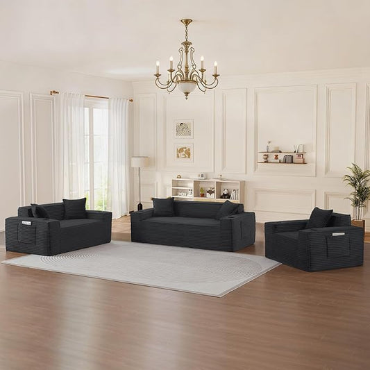 3 Piece Boneless Corduroy Sofa Set 43.3-Inch Accent Chair + 61-Inch Loveseat Sofa + 80.7-Inch 3-Seater Sofa with Cup Holder Modern Deep Seat Couch Set for Living Room Bedroom No Assembly Grey
