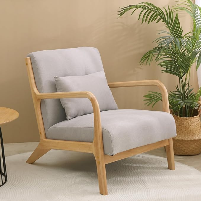 Mid Century Modern Accent Chair with Wood Frame Upholstered Living Room Chairs Reading Armchair for Bedroom