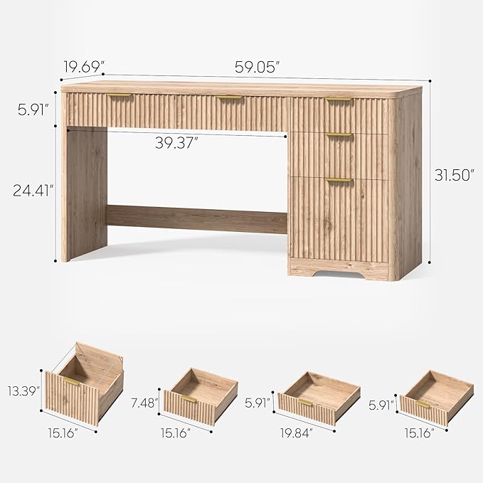 59 Fluted Executive Desk with Adjustable File Drawer Workstation Computer Desk with 4 Storage Drawers for Home Office
