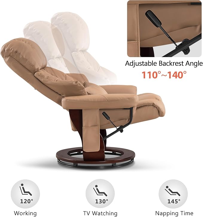 MCombo Manual Swivel Recliner with Ottoman Reclining Chair with Vibration Massage for Small Spaces Living Room Office Faux Leather 9068 (Cognac)