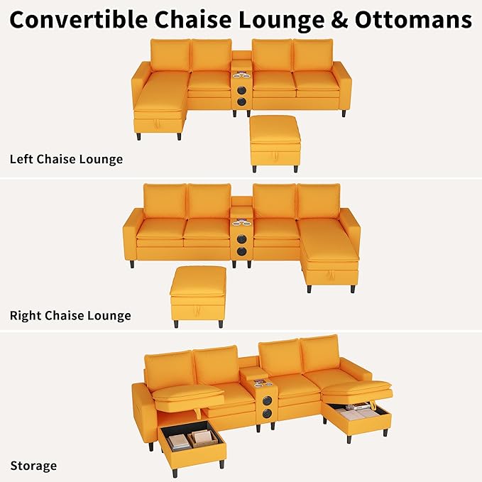 120 Sectional Couches for Living Room 6 Seater Sectional Sofas with Bluetooth Speaker &amp LED Light Modern Teddy Fleece U Shaped Sofa Couch with Storage/Charging Ports/Cup Holder (Yellow Couch)