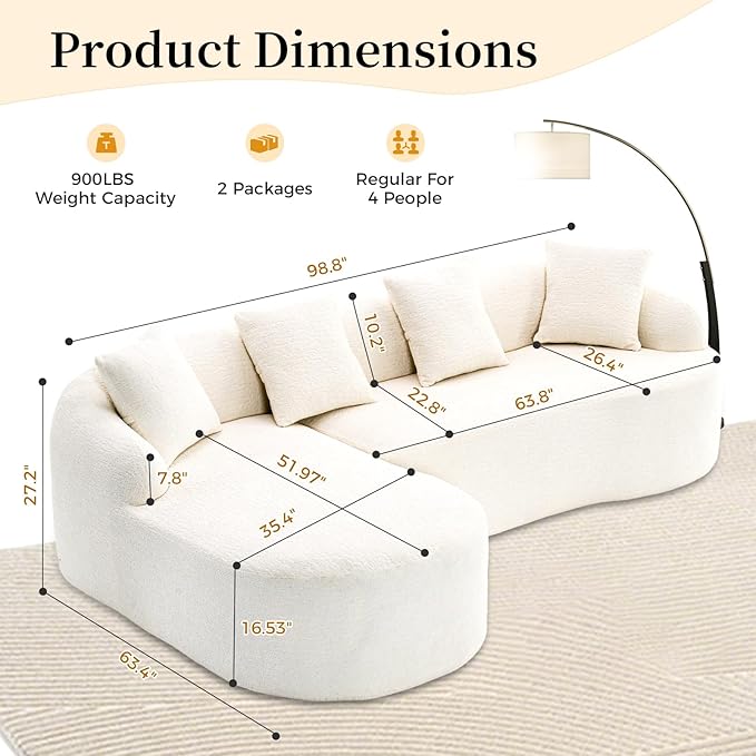 98.8 Curved Sectional Sofa with ChaiseL-Shape Sofa Lounge ChaiseBoneless Couch L Shape for Living RoomWood Grain Chenille FabricNo Installation Requirement
