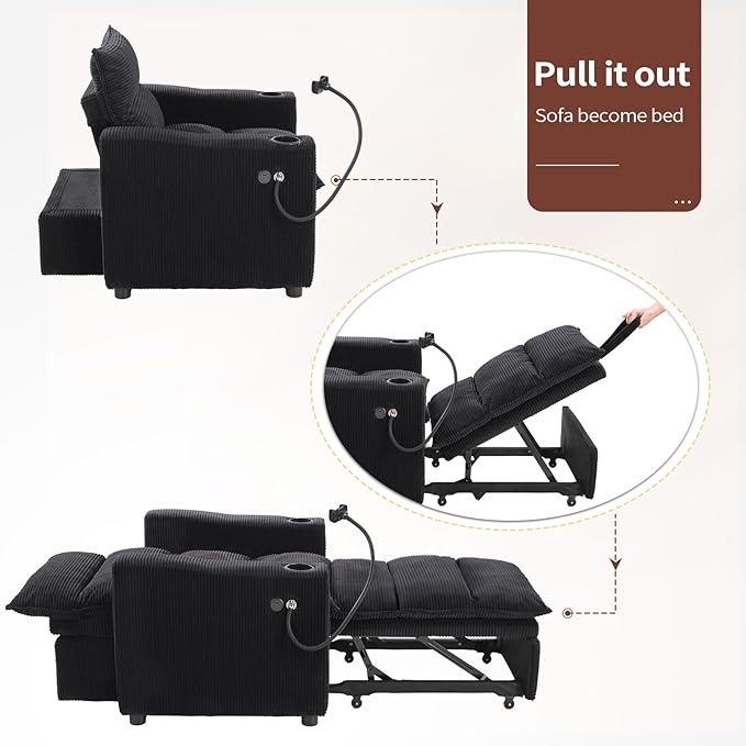 Corduroy Sleeper Sofa Bed with 2 Cup Holders 3-in-1 Convertible Pullout Futon Couch with Phone Holder&ampUSB Charge Port Single Chair with 3-Level Adjustable Backrest for Living Room